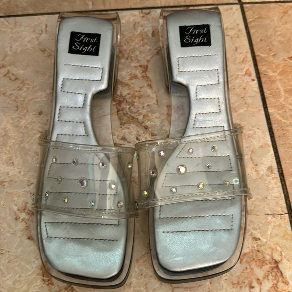 First Sight clear lucite sandals clear plastic strap w/ rhinestones